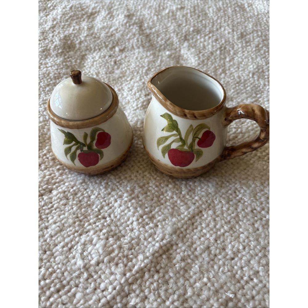 Vintage 90's Apple Pattern Cream and Sugar Set Country Farmhouse Kitchen Decor